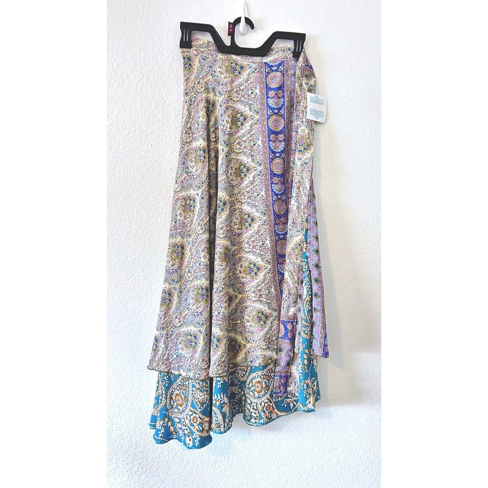 Boho Cienna Violet Reversible Wrap Skirt Green Purple Paisley Silk Blend O/S